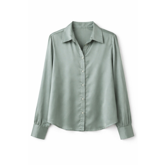 Rachel Zoe Sage Green Silky Button Down Blouse Size L - Picture 8 of 9